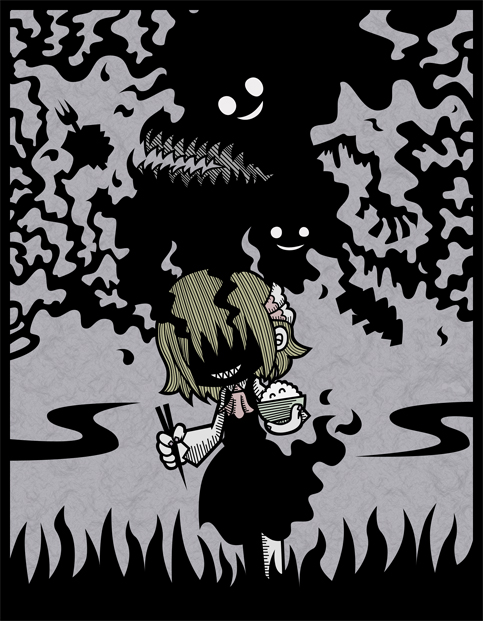 genkidaun, rumia, embodiment of scarlet devil, touhou, 1girl, blonde hair, chopsticks, female focus, red eyes, rice, sharp teeth, smile, solo, teeth