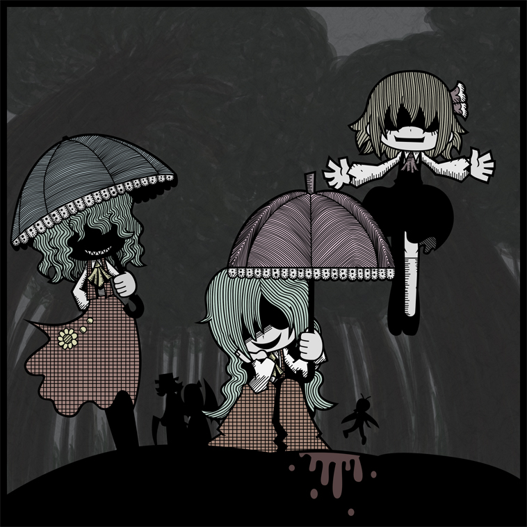 genkidaun, elly (touhou), kazami yuuka, kazami yuuka (pc-98), kurumi (touhou), rumia, wriggle nightbug, lotus land story, touhou, touhou (pc-98), 6+girls, antennae, ascot, blonde hair, blood, bow, dual persona, faceless, female focus, floating, flower, forest, green hair, hair bow, hair over one eye, multiple girls, nature, no eyes, pants, parasol, plaid clothes, plaid pants, plaid skirt, plaid vest, red eyes, shaded face, sharp teeth, short hair, sitting, skirt, skirt set, smile, teeth, umbrella, unmoving pattern, vest, wings