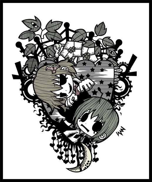 genkidaun, rumia, wriggle nightbug, shoot the bullet, touhou, 2girls, ^^^, antennae, blonde hair, crescent, disembodied eye, female focus, fence, green hair, heart, leaf, moon, multiple girls, no eyes, red eyes, star (symbol)