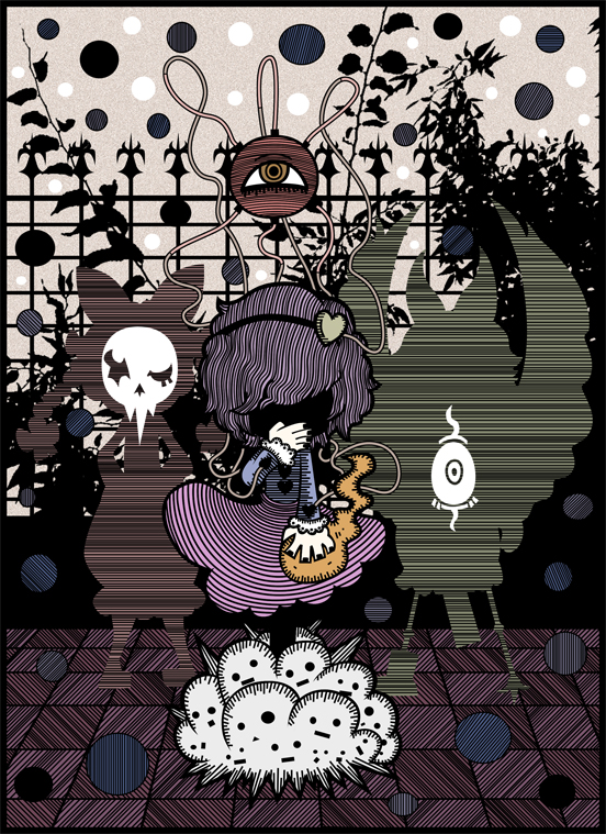 genkidaun, kaenbyou rin, komeiji satori, reiuji utsuho, touhou, 1girl, female focus, fence, nature, pink hair, plant, silhouette, skirt, solo