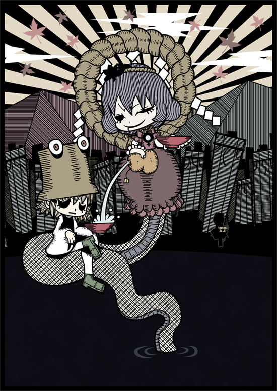 genkidaun, moriya suwako, yasaka kanako, touhou, 2girls, alcohol, female focus, gourd, hat, mountain, multiple girls, no eyes, sake, tentacles, wink