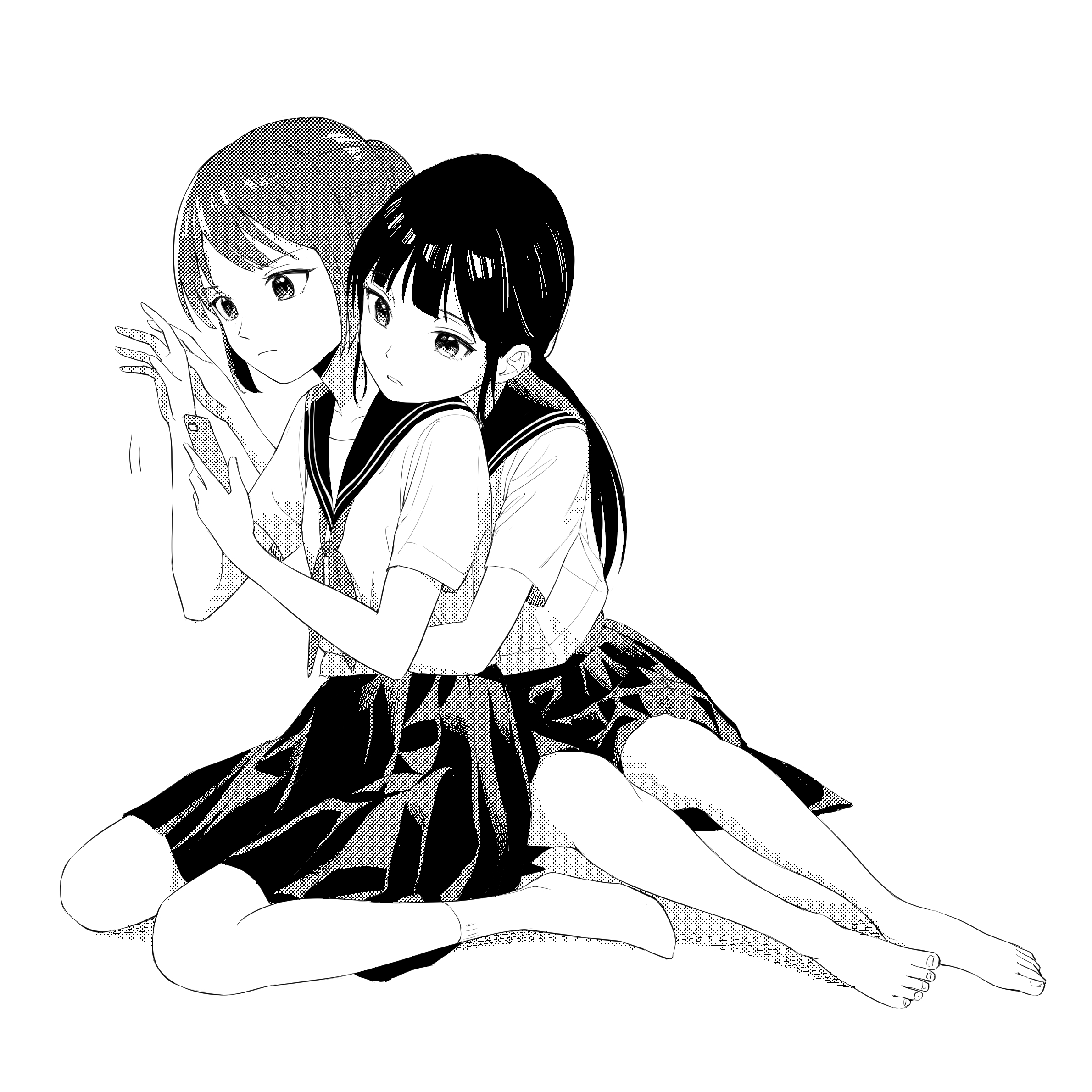nmicomic, original, commentary request, highres, 2girls, barefoot, cellphone, closed mouth, dithering, greyscale, hands up, holding, holding phone, hug, hug from behind, long hair, looking at phone, medium skirt, monochrome, multiple girls, neckerchief, no shoes, parted bangs, parted lips, phone, pleated skirt, sailor collar, school uniform, serafuku, shirt, short hair, short sleeves, sitting, skirt, smartphone, socks, wariza, yuri