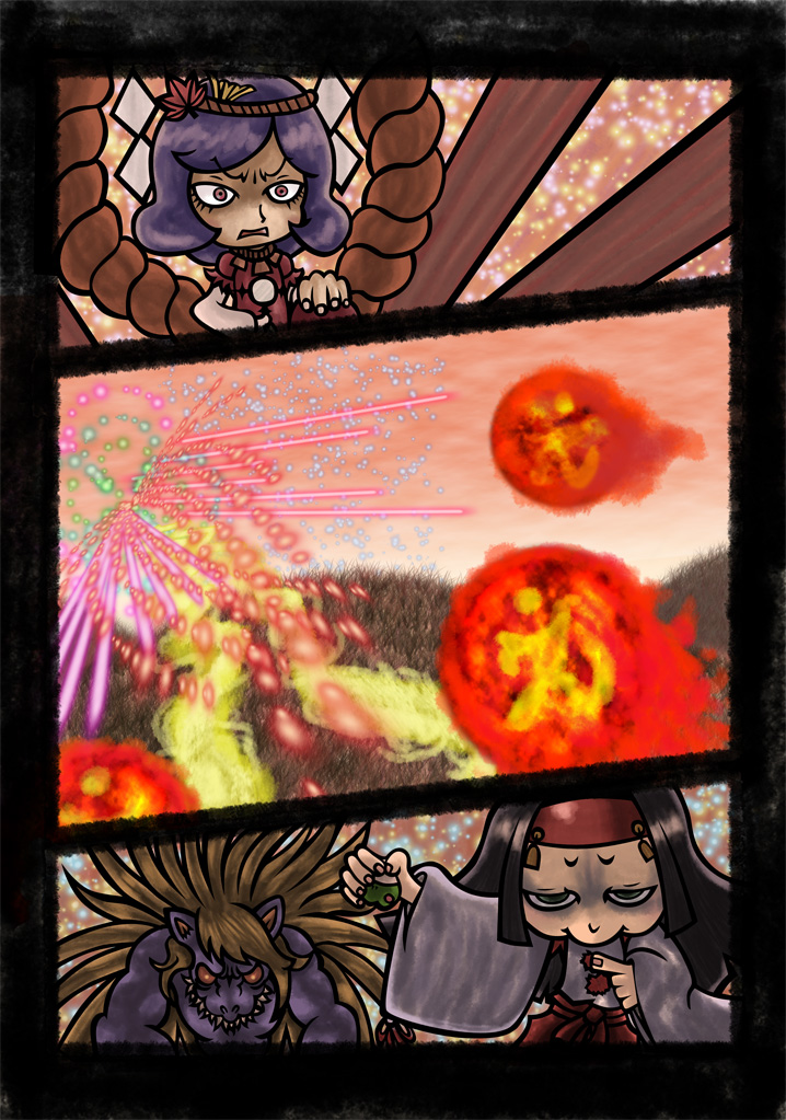 genkidaun, rashoujin mizuki, yasaka kanako, samurai spirits, touhou, battle, comic, crossover, danmaku