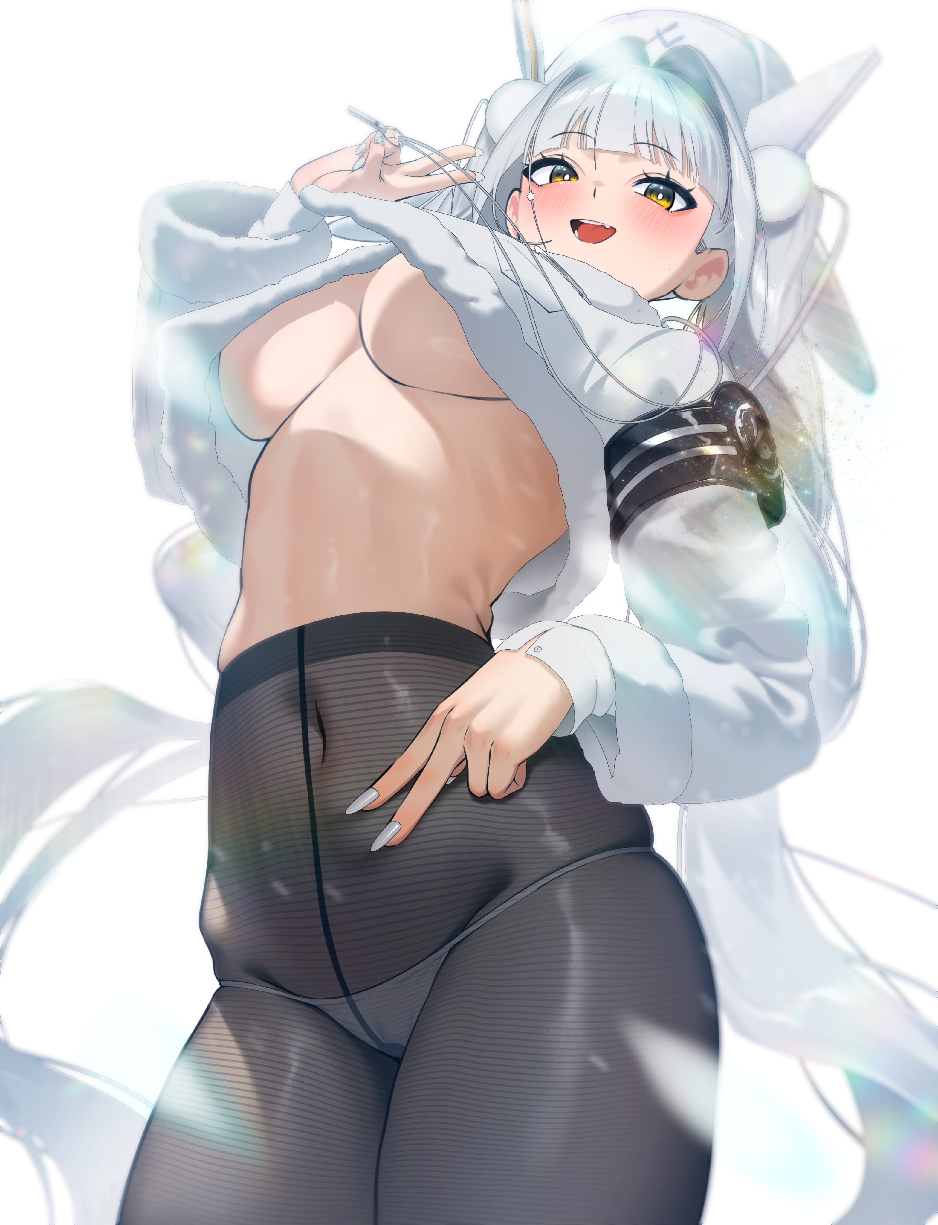 pyz (cath x tech), blanc (fortune express) (nikke), blanc (nikke), goddess of victory: nikke, absurdres, commentary request, highres, 1girl, blush, breasts, brown pantyhose, covered navel, cropped jacket, fur trim, hair intakes, hair ornament, hat, jacket, large breasts, long hair, long sleeves, looking at viewer, low ponytail, open mouth, pantyhose, ponytail, smile, solo, thighs, underboob, white hair, white hat, white jacket, yellow eyes