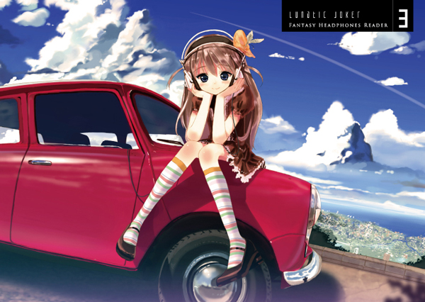 tsukigami runa, mini cooper, original, multicolored legwear, 1girl, brown hair, car, cityscape, cloud, cover, cover page, day, female focus, head rest, headphones, kneehighs, knees together feet apart, motor vehicle, on car, scenery, sitting, sky, socks, solo, striped clothes, striped socks