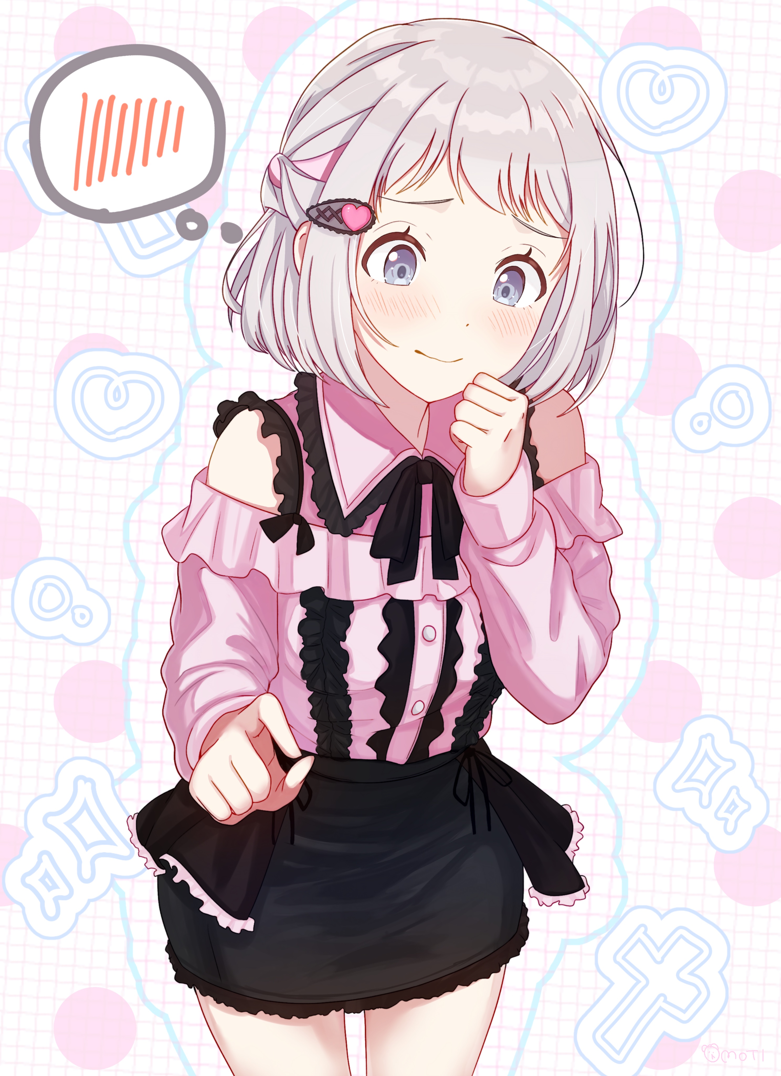 katsuragi lilja, gakuen idolmaster, idolmaster, absurdres, commentary request, highres, 1girl, bare shoulders, black ribbon, black skirt, blue eyes, blush, bow, braid, breasts, closed mouth, collared shirt, cowboy shot, detached sleeves, foot out of frame, frilled skirt, frills, grey hair, grid background, hair ornament, hairclip, hand up, long sleeves, looking to the side, mattarisan 1012, neck ribbon, off shoulder, ribbon, shirt, short hair, shy, skirt, sleeves past wrists, solo, speech bubble, standing