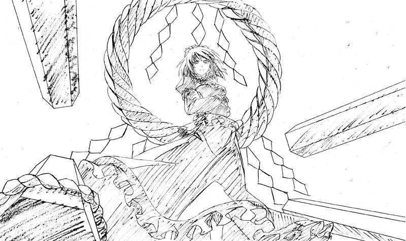 h-new, yasaka kanako, touhou, 1girl, female focus, from below, glaring, greyscale, looking down, monochrome, onbashira, solo