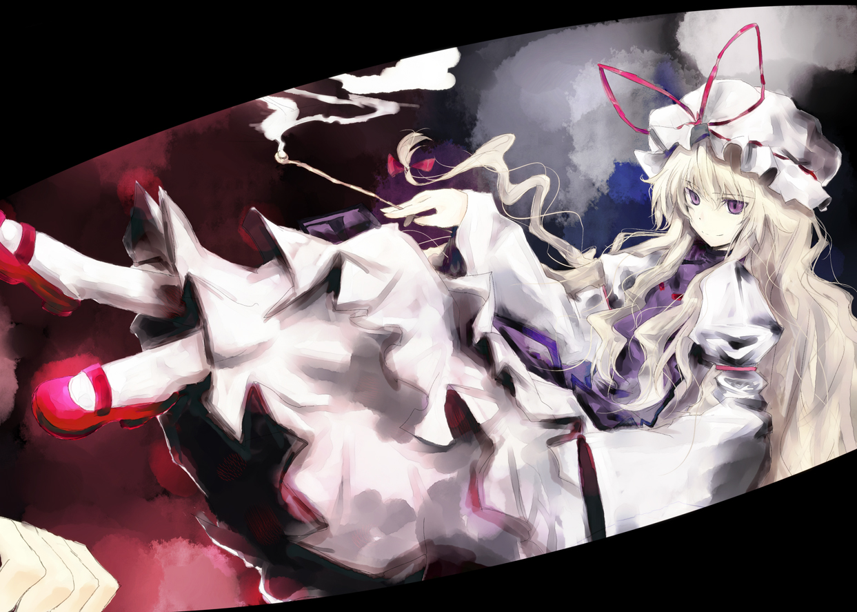 asagi (kabocha oukoku), asagi shii, hisago (pixiv), yakumo yukari, touhou, bad id, bad pixiv id, 1girl, arm garter, blonde hair, female focus, hat, kiseru, purple eyes, ribbon, smoking pipe, solo, tabard