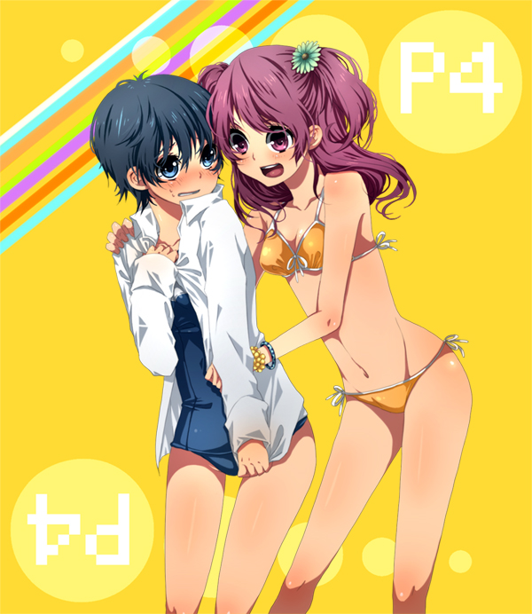 tsukudato, tsukudato@rikuganbaru, kujikawa rise, shirogane naoto, atlus, persona, persona 4, bad id, bad pixiv id, 2girls, bikini, bikini under clothes, blue eyes, blue hair, blush, flower, hair flower, hair ornament, legs, lowleg, midriff, multiple girls, no pants, one-piece swimsuit, open clothes, open shirt, red eyes, red hair, school swimsuit, shirt, short hair, side-tie bikini bottom, swimsuit, swimsuit under clothes, twintails, yuri