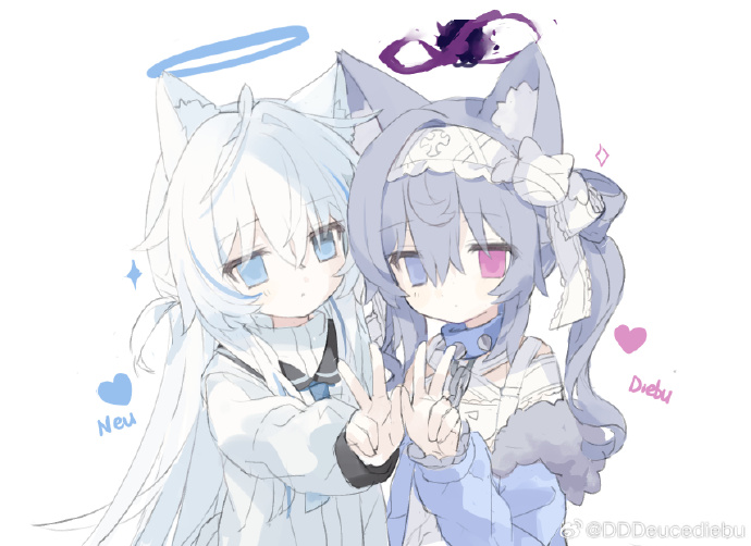 original, 2girls, animal ears, blue eyes, bow, cat ears, dddeucediebu, grey hair, hair bow, multicolored eyes, multiple girls, red eyes, simple background, twintails, victory pose, white bow, white hair, yuri