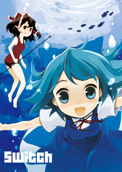 fujiyama, rin (artist), cirno, hakurei reimu, touhou, 2girls, barefoot, blouse, english text, fish, harpoon, multiple girls, one-piece swimsuit, red one-piece swimsuit, shirt, snorkel, swimsuit, underwater, white shirt