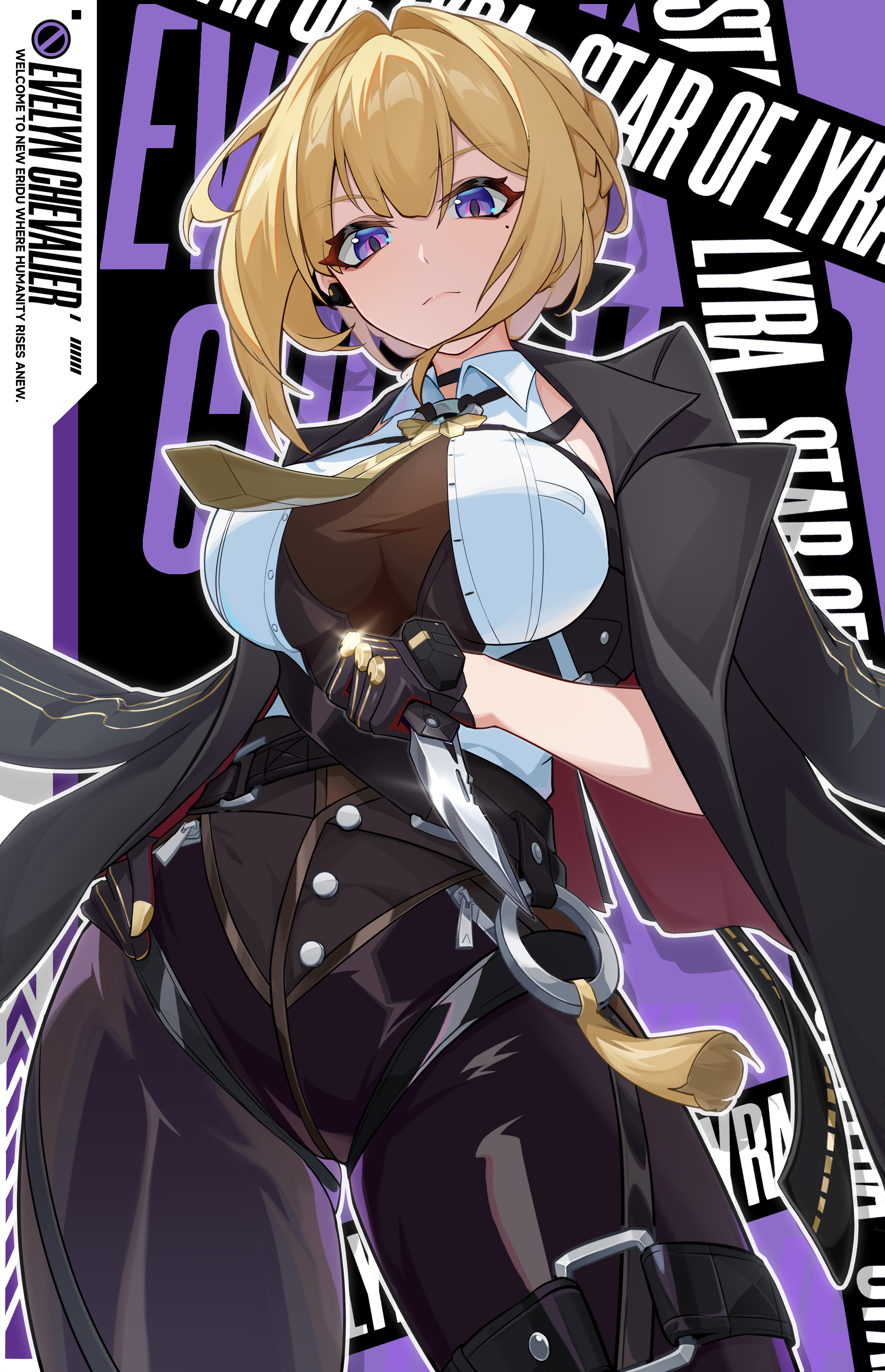 evelyn chevalier, zenless zone zero, absurdres, commentary request, highres, 1girl, arm strap, black background, black coat, black pants, blonde hair, bodystocking, breasts, character name, chest harness, cjkpsea, closed mouth, coat, coat on shoulders, cowboy shot, earpiece, gloves, hair intakes, half gloves, harness, high-waist pants, holding, holding knife, knife, large breasts, latex pants, long ribbon, looking at viewer, mole, mole under eye, necktie, pants, purple background, purple eyes, see-through clothes, shirt, single half glove, sleeveless, sleeveless shirt, solo, tight clothes, tight pants, two-tone background, white shirt, yellow necktie