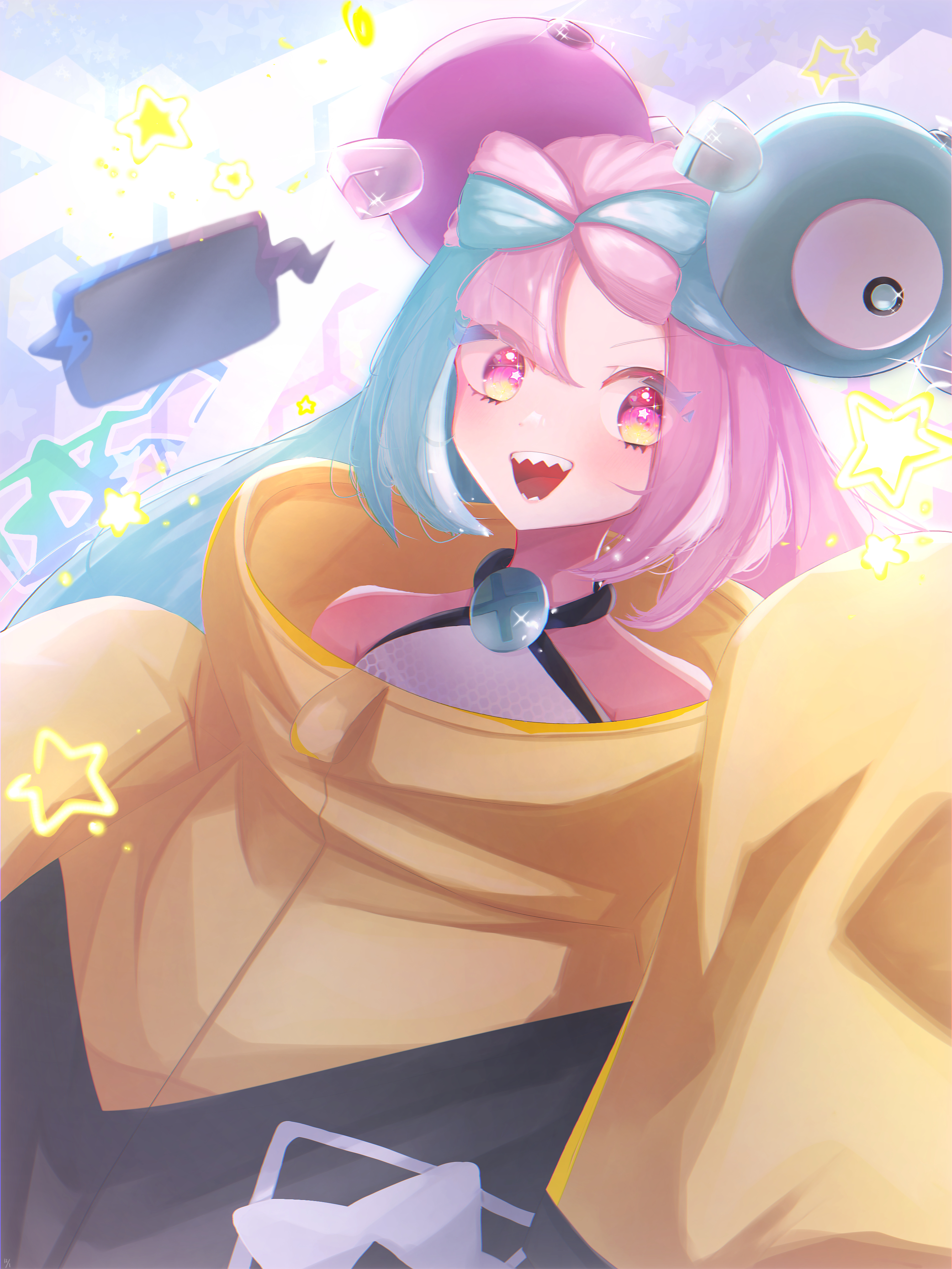 iono (pokemon), rotom, rotom phone, nintendo, pokemon, pokemon sv, absurdres, commentary request, highres, 1girl, :d, bow-shaped hair, character hair ornament, gen 4 pokemon, hair ornament, happy, jacket, long hair, multicolored hair, open mouth, shirt, sleeveless, sleeveless shirt, smile, solo, star (symbol), teeth, two-tone hair, user yxau2454, yellow jacket