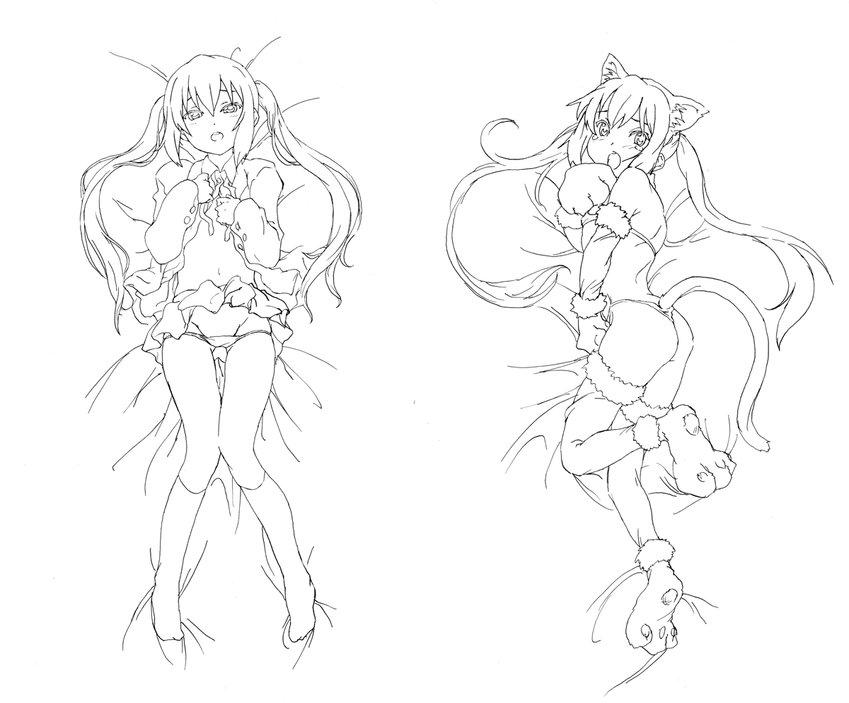 matsukura nemu, nakano azusa, k-on!, 00s, animal ears, animal hands, cat ears, cat paws, greyscale, legs, lowleg, monochrome, open mouth, skirt, solo, twintails