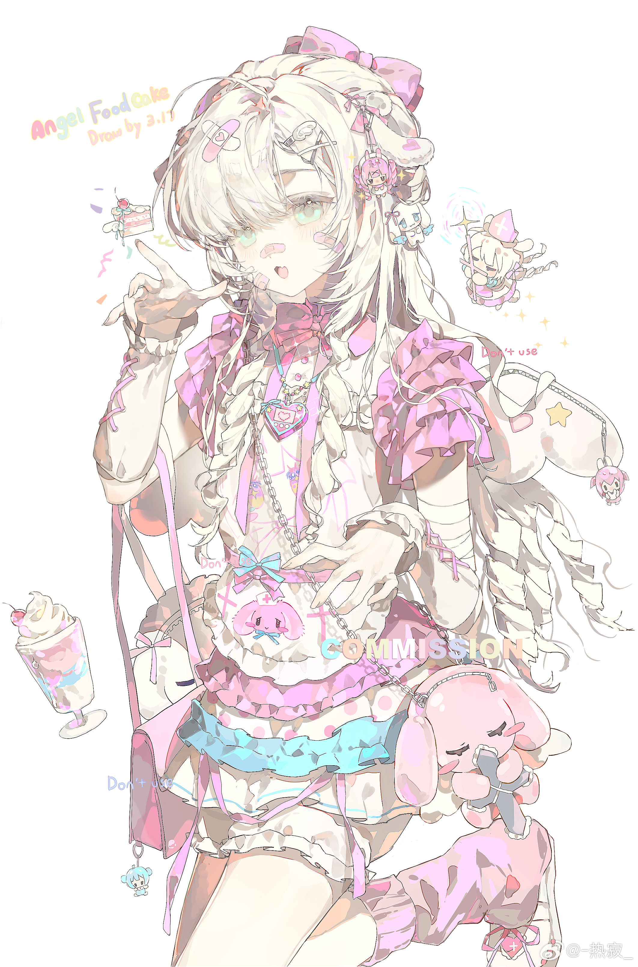 reji (weibo 6496333450), absurdres, bad link, highres, 1girl, bag, bow, dress, food, frills, green eyes, hair bow, hair ornament, long hair, looking at viewer, open mouth, simple background, solo, stuffed animal, stuffed toy, white background