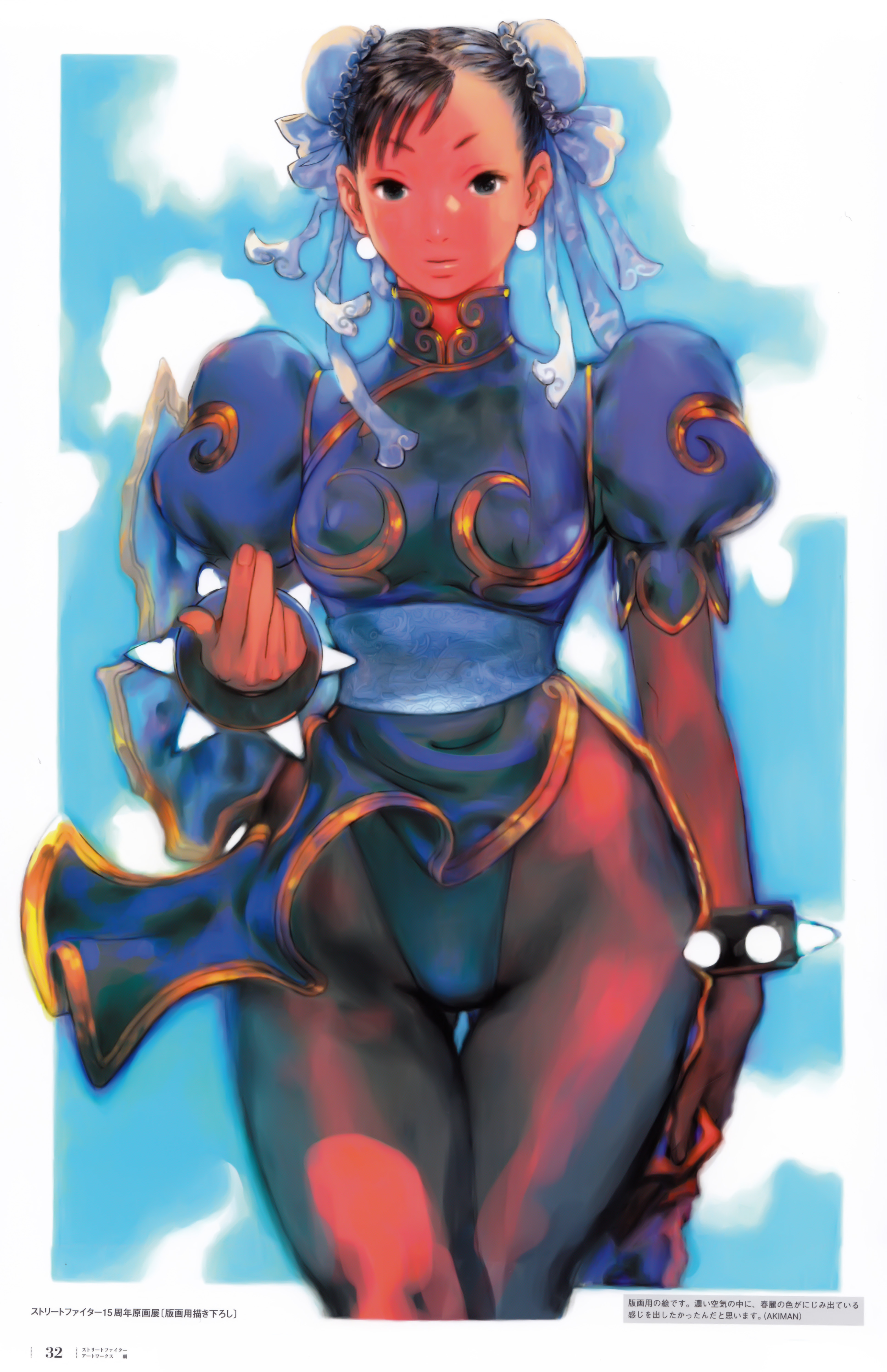 yasuda akira, chun-li, capcom, street fighter, absurdres, highres, 1girl, bracelet, bun cover, china dress, chinese clothes, double bun, dress, female focus, hair bun, hip focus, jewelry, pantyhose, pelvic curtain, pointing, short hair, solo, spiked bracelet, spikes, thick thighs, thighs