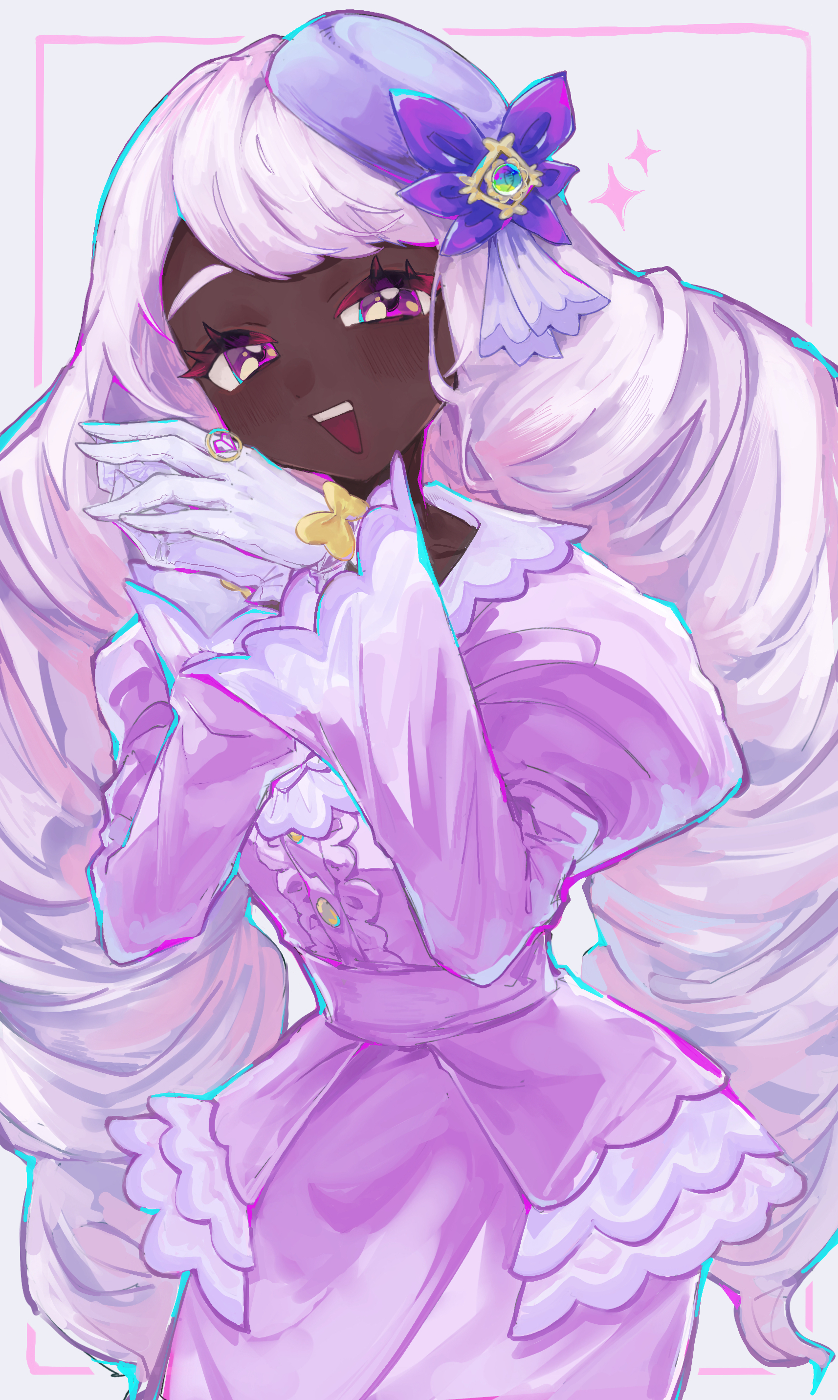 jacinthe (pokemon), nintendo, pokemon, pokemon legends: z-a, absurdres, commentary request, highres, 1girl, :d, bow, dark-skinned female, dark skin, dress, eyelashes, glove bow, gloves, hands up, happy, long hair, long sleeves, looking at viewer, open mouth, purple eyes, smile, solo, sparkle, teeth, tilted headwear, twintails, upper teeth only, user yxau2454, white background, white gloves, yellow bow