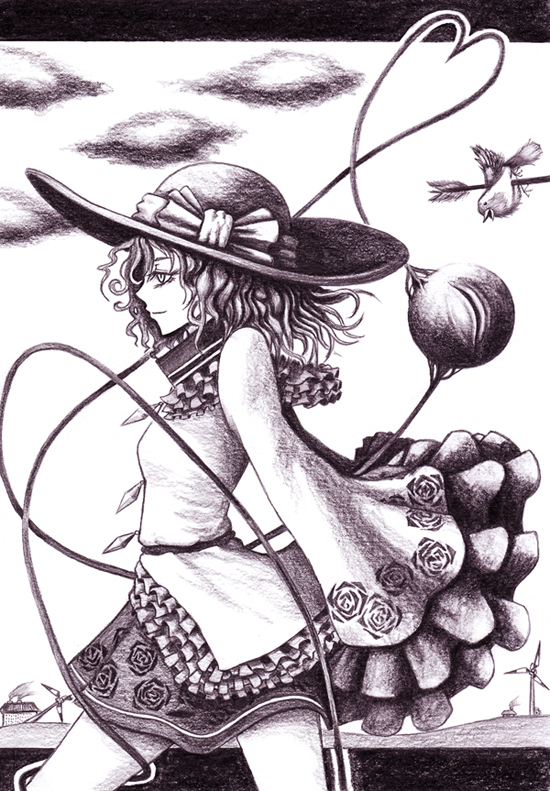 hane (azelye), komeiji koishi, touhou, graphite (medium), traditional media, 1girl, arrow (projectile), bird, female focus, hat, heart, heart of string, monochrome, purple theme, solo, windmill