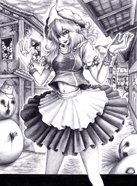 hane (azelye), letty whiterock, touhou, graphite (medium), traditional media, 1girl, blue eyes, bracelet, bucket, female focus, jewelry, knife, midriff, monochrome, purple theme, snowman, solo, town