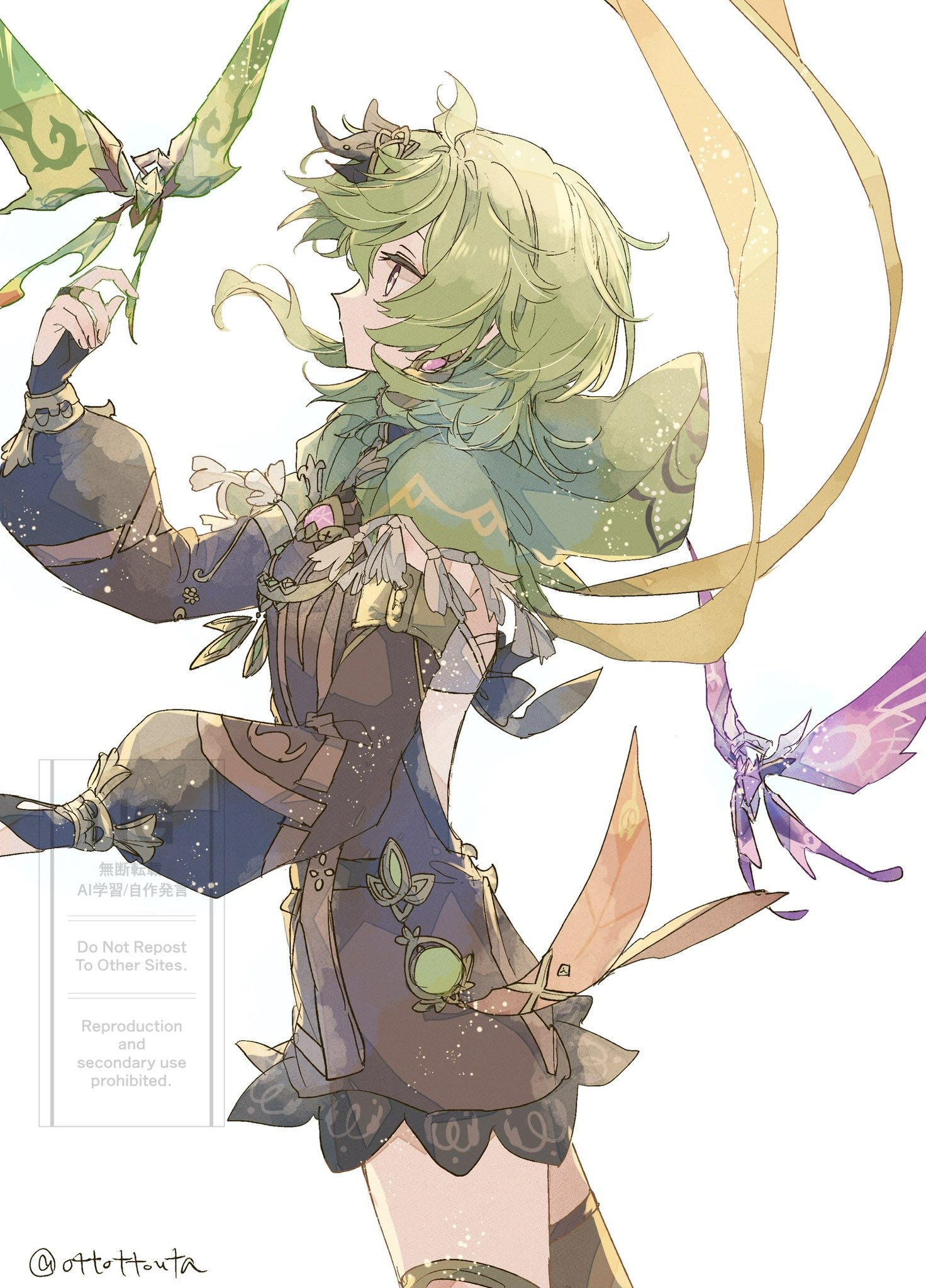 ottottouta, collei (genshin impact), crystalfly (genshin impact), genshin impact, commentary, highres, symbol-only commentary, 1girl, brown dress, bug, butterfly, capelet, cowboy shot, detached sleeves, dress, from side, green capelet, green hair, green hoodie, hood, hoodie, insect, jewelry, looking to the side, medium hair, puffy sleeves, solo, tassel, white background