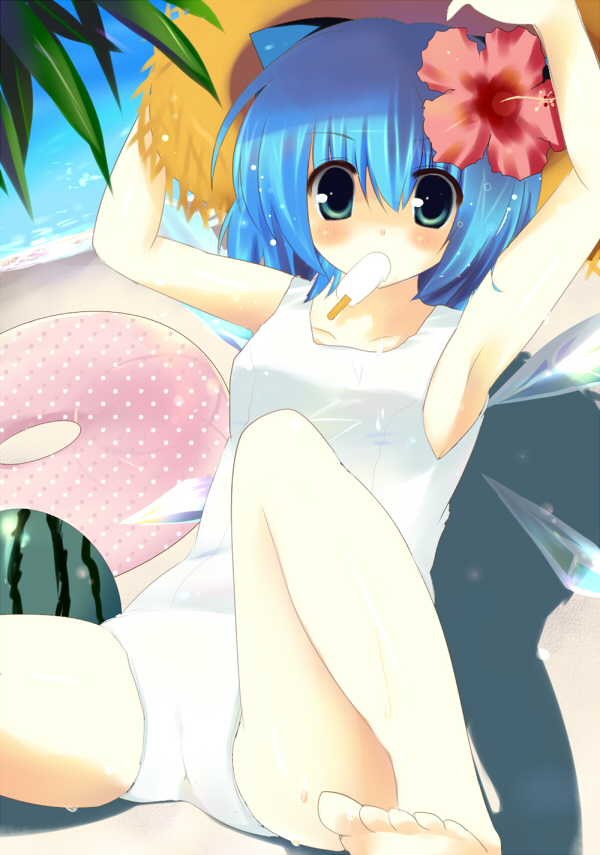 kinoko (hkn), cirno, touhou, bad id, bad pixiv id, 1girl, armpits, barefoot, beach, blue eyes, blue hair, bow, cameltoe, day, female focus, flower, food, fruit, hair flower, hair ornament, hand on headwear, hat, hibiscus, innertube, matching hair/eyes, one-piece swimsuit, outdoors, popsicle, school swimsuit, short hair, solo, swim ring, swimsuit, toes, water, watermelon, wet, white one-piece swimsuit, white school swimsuit