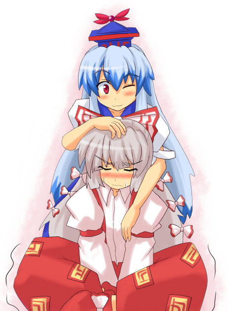harukatron, fujiwara no mokou, kamishirasawa keine, touhou, silver hair, 2girls, blue hair, blush, closed eyes, female focus, hair ribbon, hat, long hair, multiple girls, red eyes, ribbon, suspenders, sweatdrop
