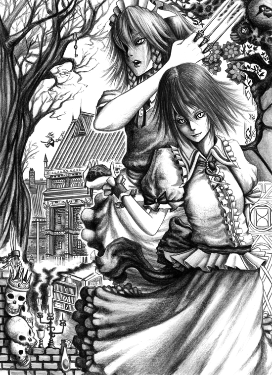 hane (azelye), izayoi sakuya, kirisame marisa, remilia scarlet, touhou, graphite (medium), traditional media, 3girls, candle, crown, egg, female focus, greyscale, knife, maid, monochrome, multiple girls, nature, outdoors, plant, scarlet devil mansion, skull