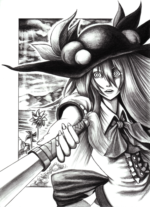 hane (azelye), hinanawi tenshi, touhou, graphite (medium), traditional media, 1girl, dress, female focus, food, fruit, greyscale, hat, monochrome, outdoors, peach, sky, solo, sword, upper body, weapon