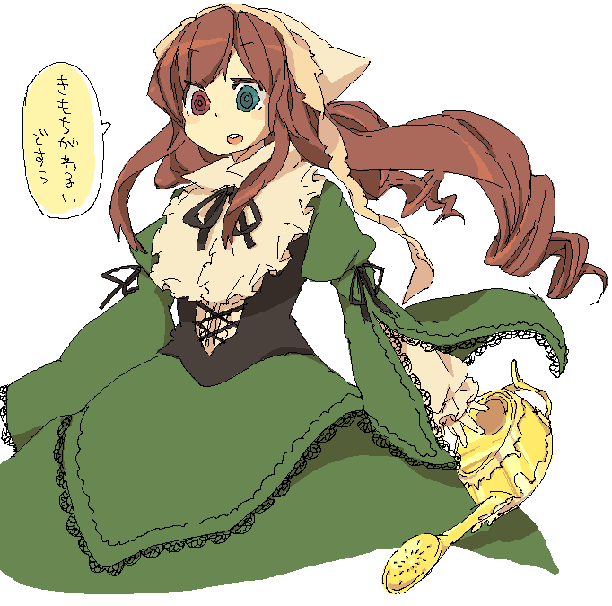 azuma seiji, suiseiseki, rozen maiden, 00s, 1girl, brown hair, corset, dress, drill hair, frills, green dress, green eyes, hat, headscarf, heterochromia, lolita fashion, long hair, long sleeves, open mouth, red eyes, ribbon, twin drills, twintails, very long hair, watering can, white background, white headscarf