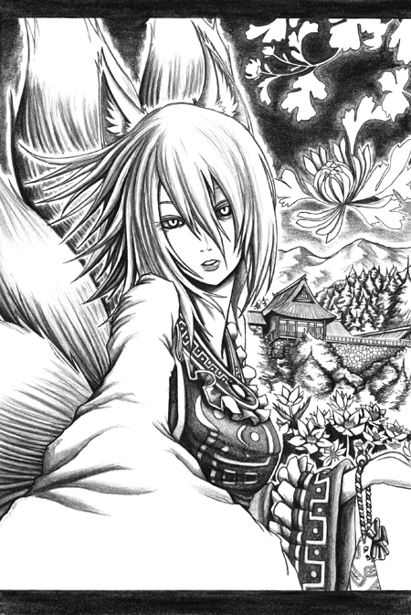hane (azelye), yakumo ran, touhou, graphite (medium), traditional media, 1girl, breasts, female focus, flower, greyscale, monochrome, nature, outdoors, plant, solo, upper body
