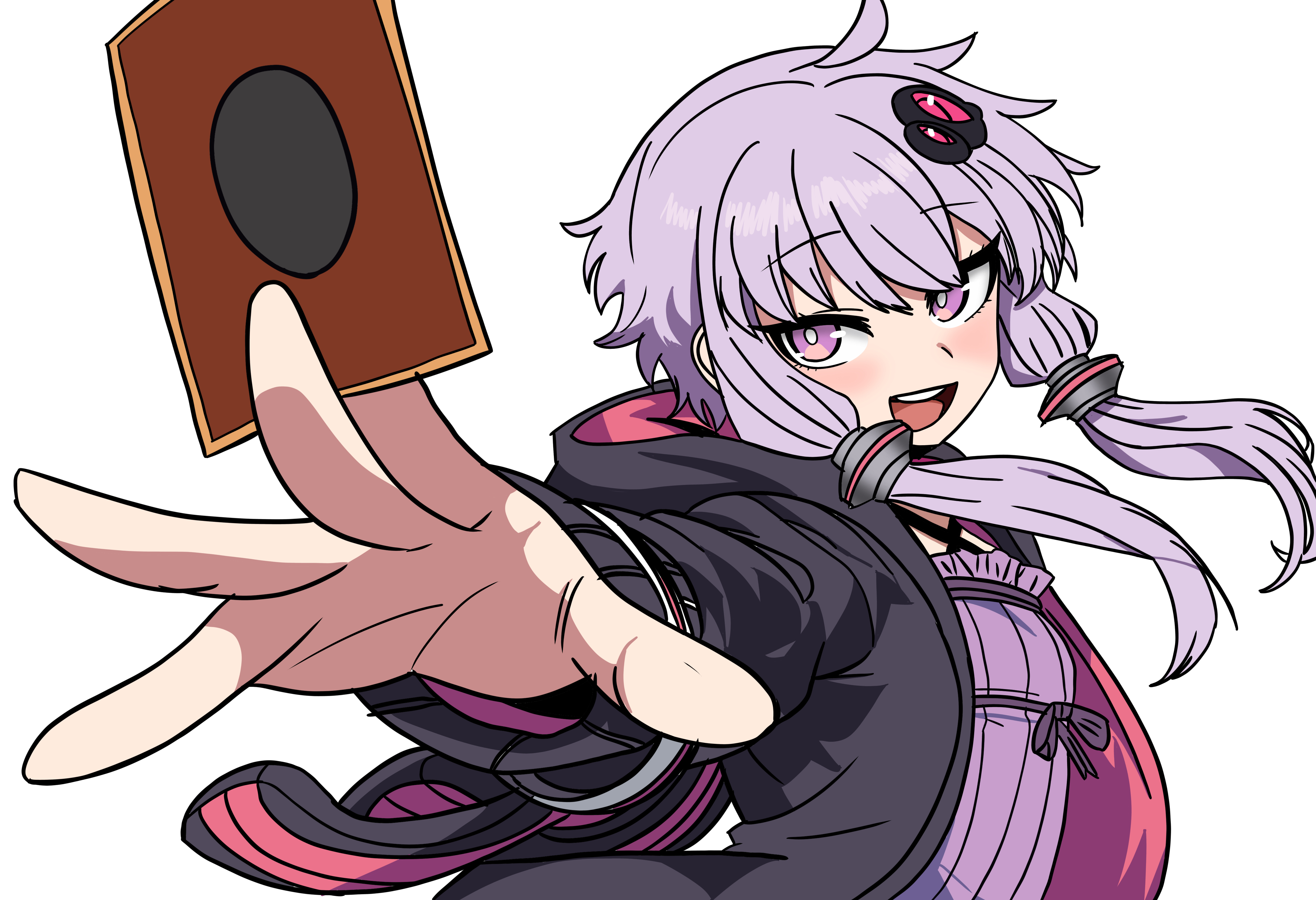 hmzeus, yuzuki yukari, vocaloid, voiceroid, yu-gi-oh!, absurdres, commentary, highres, 1girl, ahoge, animal hood, blush, card, criss-cross halter, dress, foreshortening, hair ornament, halter dress, halterneck, holding, holding card, hood, hood down, hoodie, long hair, long sleeves, looking at viewer, open clothes, open hoodie, open mouth, purple dress, purple eyes, purple hair, rabbit hood, short hair with long locks, sidelocks, simple background, smile, solo, white background