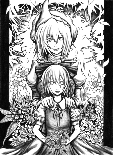 hane (azelye), cirno, letty whiterock, touhou, graphite (medium), traditional media, flower, greyscale, monochrome