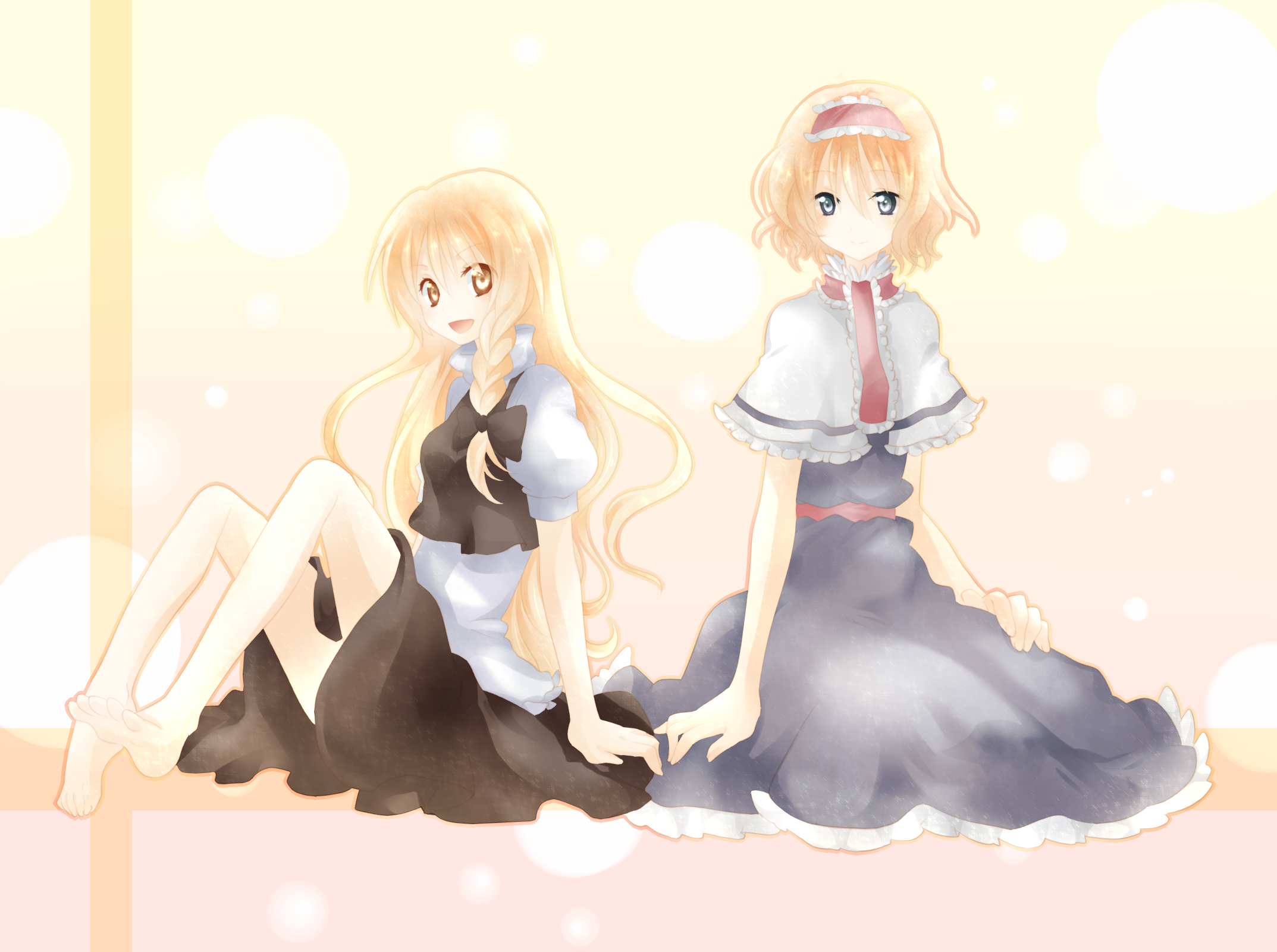 riichu, alice margatroid, kirisame marisa, touhou, bad id, bad pixiv id, highres, 2girls, barefoot, blonde hair, blue eyes, bow, braid, capelet, feet, female focus, hair bow, hairband, long hair, multiple girls, no headwear, open mouth, short hair, side braid, sitting, smile, yellow eyes