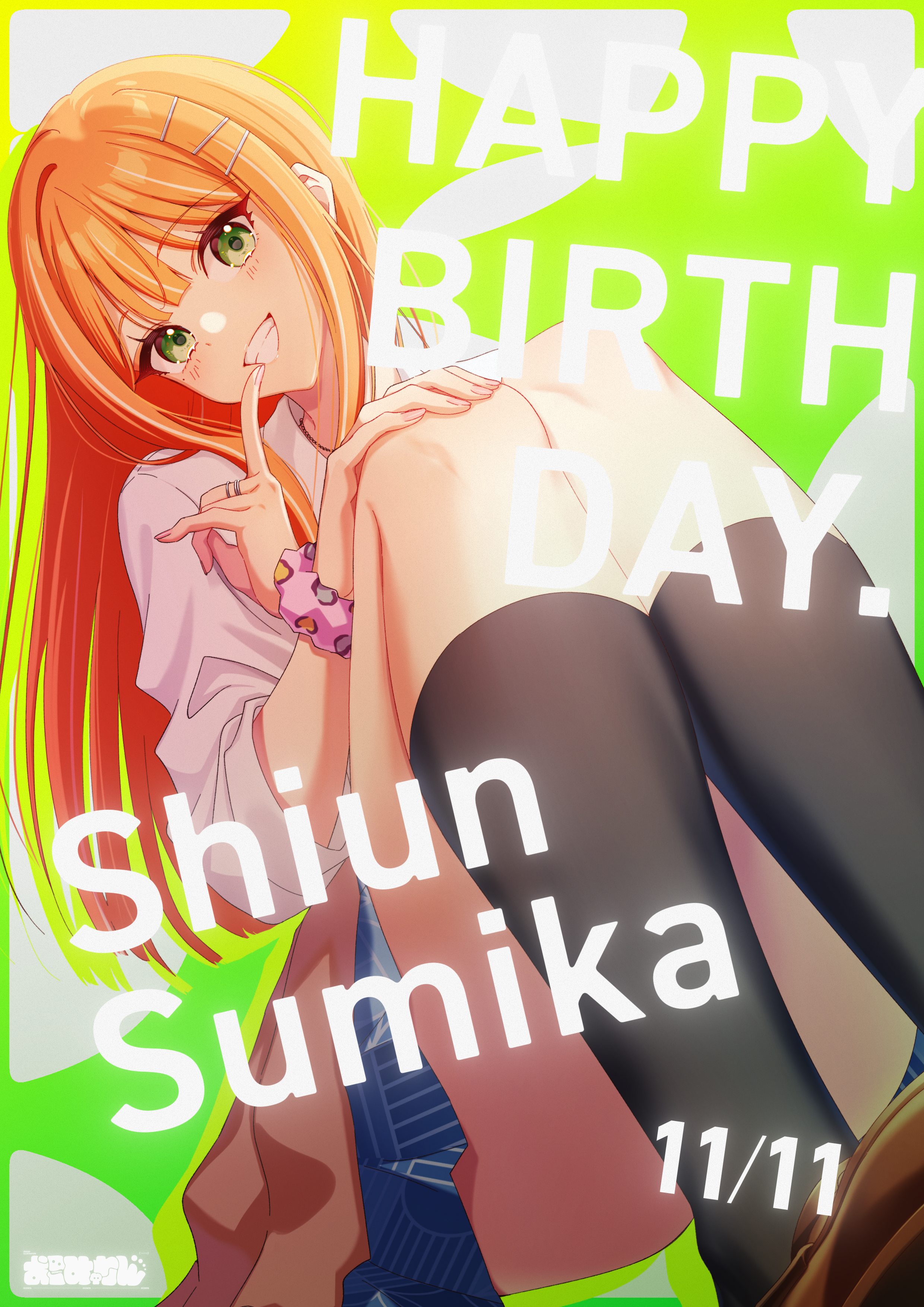 meronnpannpi, shiun sumika, gakuen idolmaster, idolmaster, absurdres, commentary request, highres, 1girl, character name, dated, finger to mouth, green eyes, grin, happy birthday, hatsuboshi gakuen school uniform, index finger raised, kneehighs, long hair, looking at viewer, orange hair, pink scrunchie, school uniform, scrunchie, shirt, smile, socks, solo, white shirt, wrist scrunchie