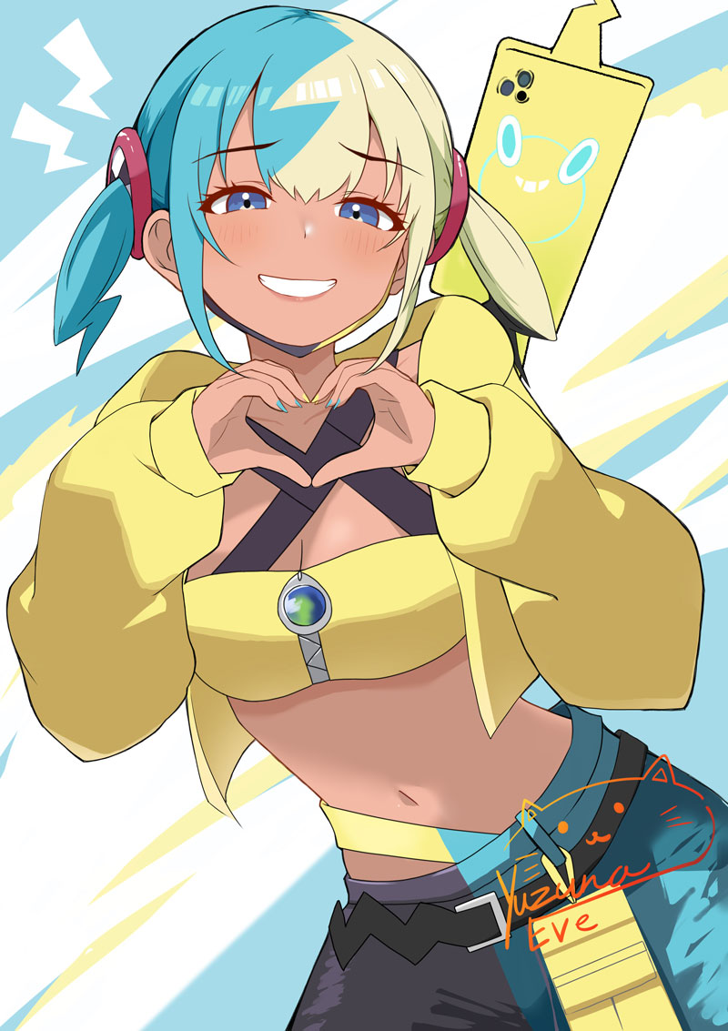 kashiwagi nagomu, canari (pokemon), rotom, rotom phone, nintendo, pokemon, pokemon legends: z-a, commentary request, 1girl, bandeau, belt, black belt, blue eyes, breasts, cleavage, eyelashes, gen 4 pokemon, grin, hands up, heart, heart hands, hood, hood down, hooded jacket, jacket, lightning bolt symbol, long sleeves, mask, mask pull, mouth mask, multicolored hair, multicolored nails, nail polish, open clothes, open jacket, pants, signature, smile, solo, teeth, yellow bandeau, yellow jacket, zipper, zipper pull tab