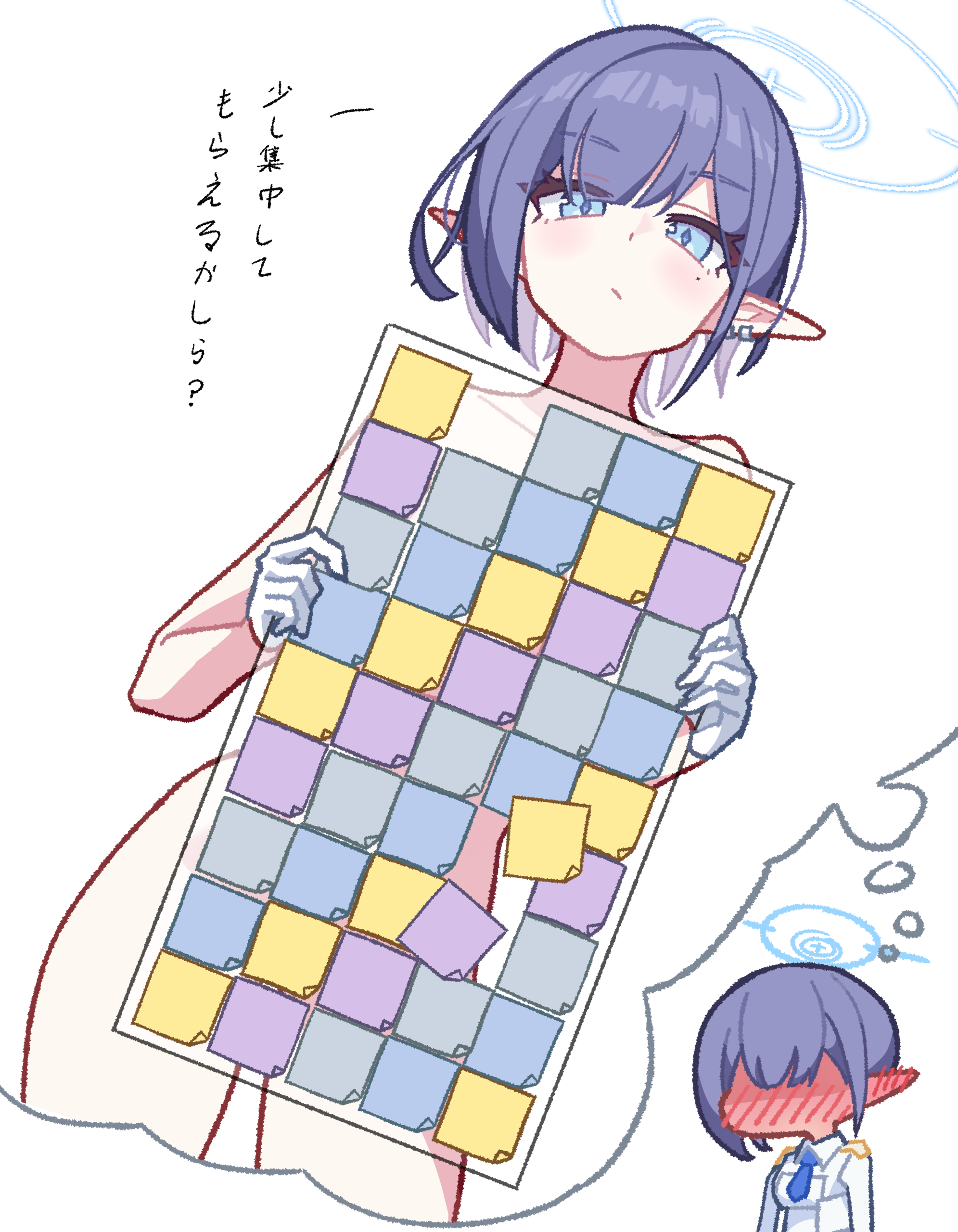 s9uirrel, aoi (blue archive), blue archive, absurdres, commentary request, highres, translation request, 1girl, :/, blue eyes, blue halo, blue necktie, blush, chibi, closed mouth, covering privates, earclip, embarrassed, faceless, full-face blush, gameplay mechanics, halo, jacket, looking at viewer, multiple views, necktie, nude cover, pointy ears, purple hair, short hair, white jacket