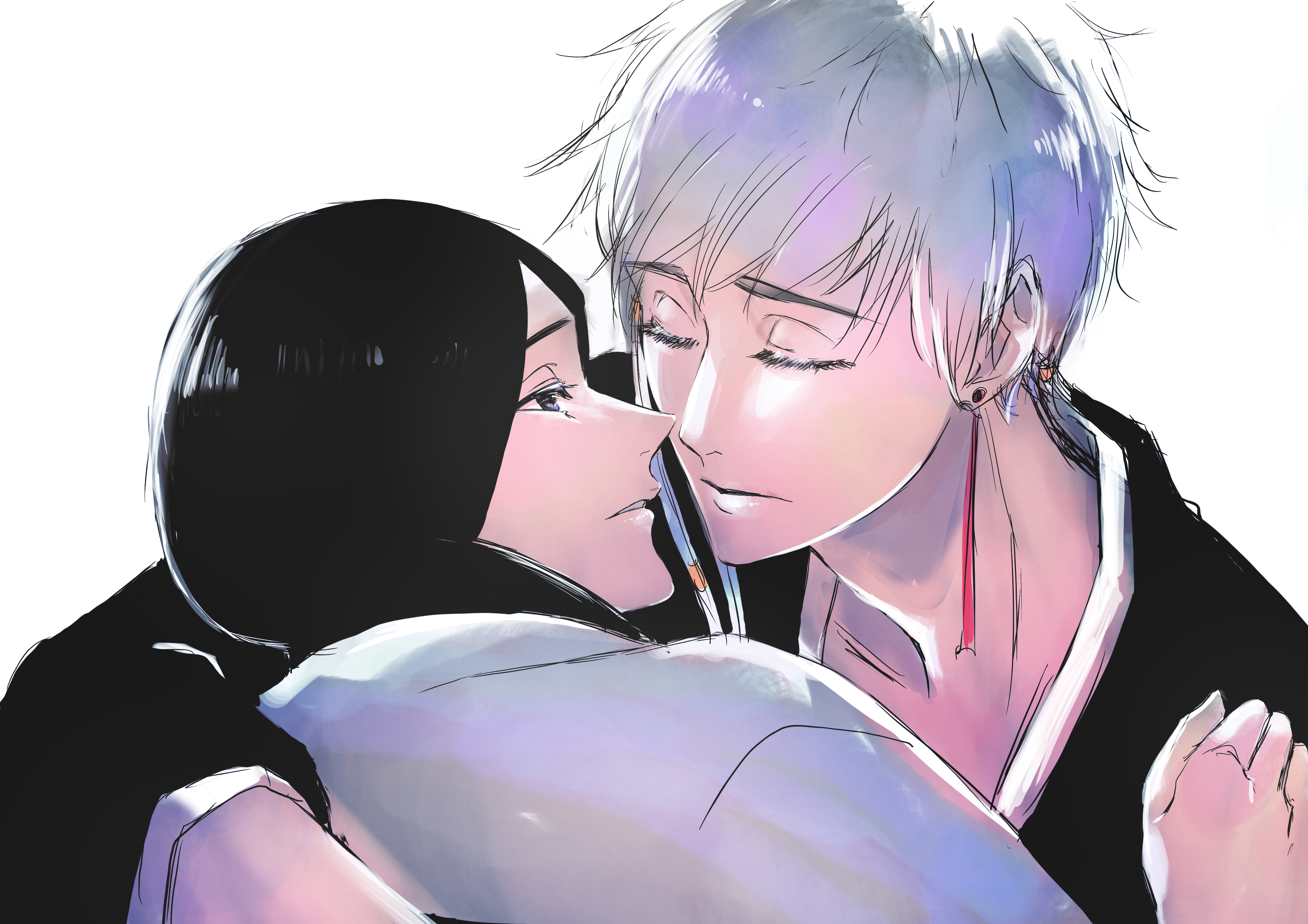 anno im, kotetsu isane, unohana retsu, bleach, absurdres, commentary request, highres, 2girls, arm around neck, black eyes, black hair, closed eyes, earrings, haori, imminent kiss, japanese clothes, jewelry, looking at another, multiple girls, shihakusho, short hair, taichou haori, white hair, yuri