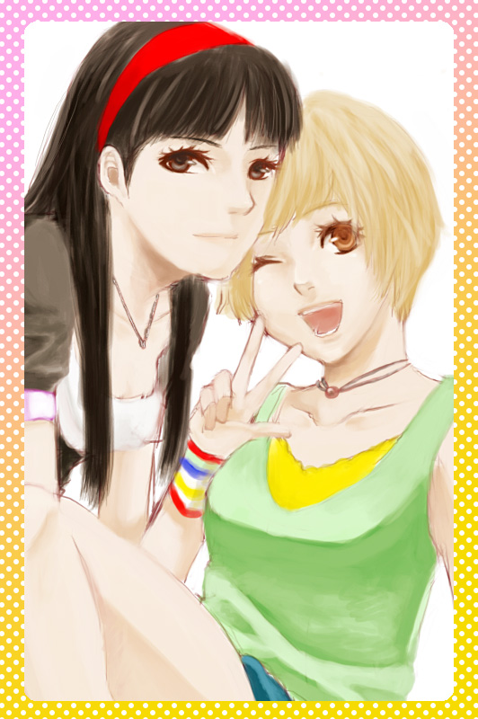 halut-ricca, rikka (pixiv), amagi yukiko, satonaka chie, atlus, persona, persona 4, bad id, bad pixiv id, 2girls, black eyes, black hair, brown eyes, brown hair, female focus, hairband, happy, jewelry, long hair, multiple girls, necklace, one eye closed, open mouth, short hair, smile, v, wink, yuri