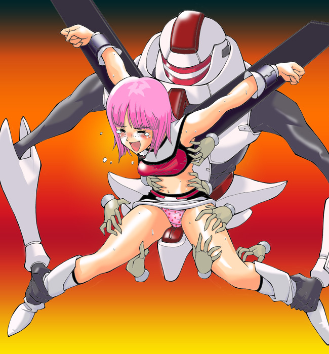 tickleague, morimoto momoko, wingman, multiple hands, 1980s (style), 1girl, blush, freckles, midriff, oldschool, panties, pink hair, pink panties, print panties, restrained, retro artstyle, short hair, skirt, tears, tickling, underwear, upskirt