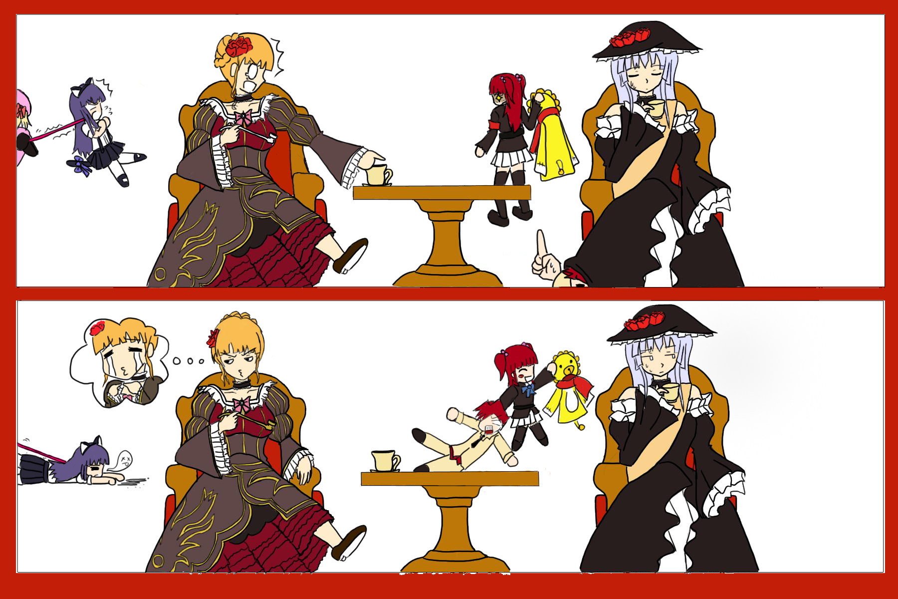 beatrice (umineko), frederica bernkastel, lambdadelta, ushiromiya ange, ushiromiya battler, virgilia (umineko), umineko no naku koro ni, highres, 00s, 1boy, 5girls, multiple girls, smoking pipe