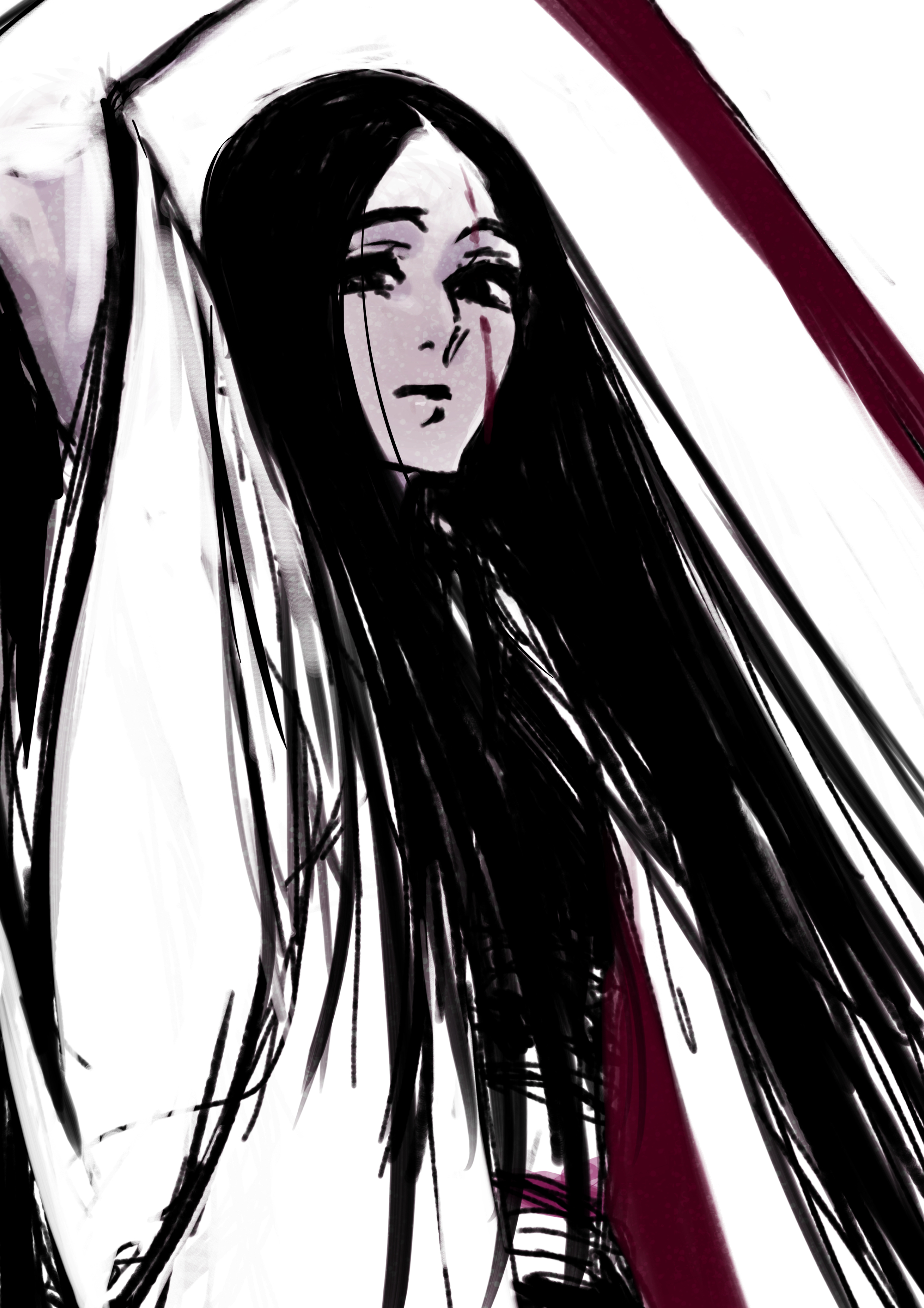 anno im, unohana retsu, bleach, bleach: sennen kessen-hen, absurdres, commentary request, highres, 1girl, bankai, blood, blood on face, haori, holding, holding sword, holding weapon, japanese clothes, long hair, minazuki (bankai), pale skin, shihakusho, solo, sword, taichou haori, upper body, very long hair, weapon