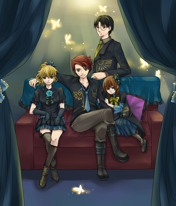 bekkourico, ushiromiya battler, ushiromiya george, ushiromiya jessica, ushiromiya maria, umineko no naku koro ni, 00s, 2boys, 2girls, black hair, blonde hair, multiple boys, multiple girls, orange hair, red hair, thighhighs