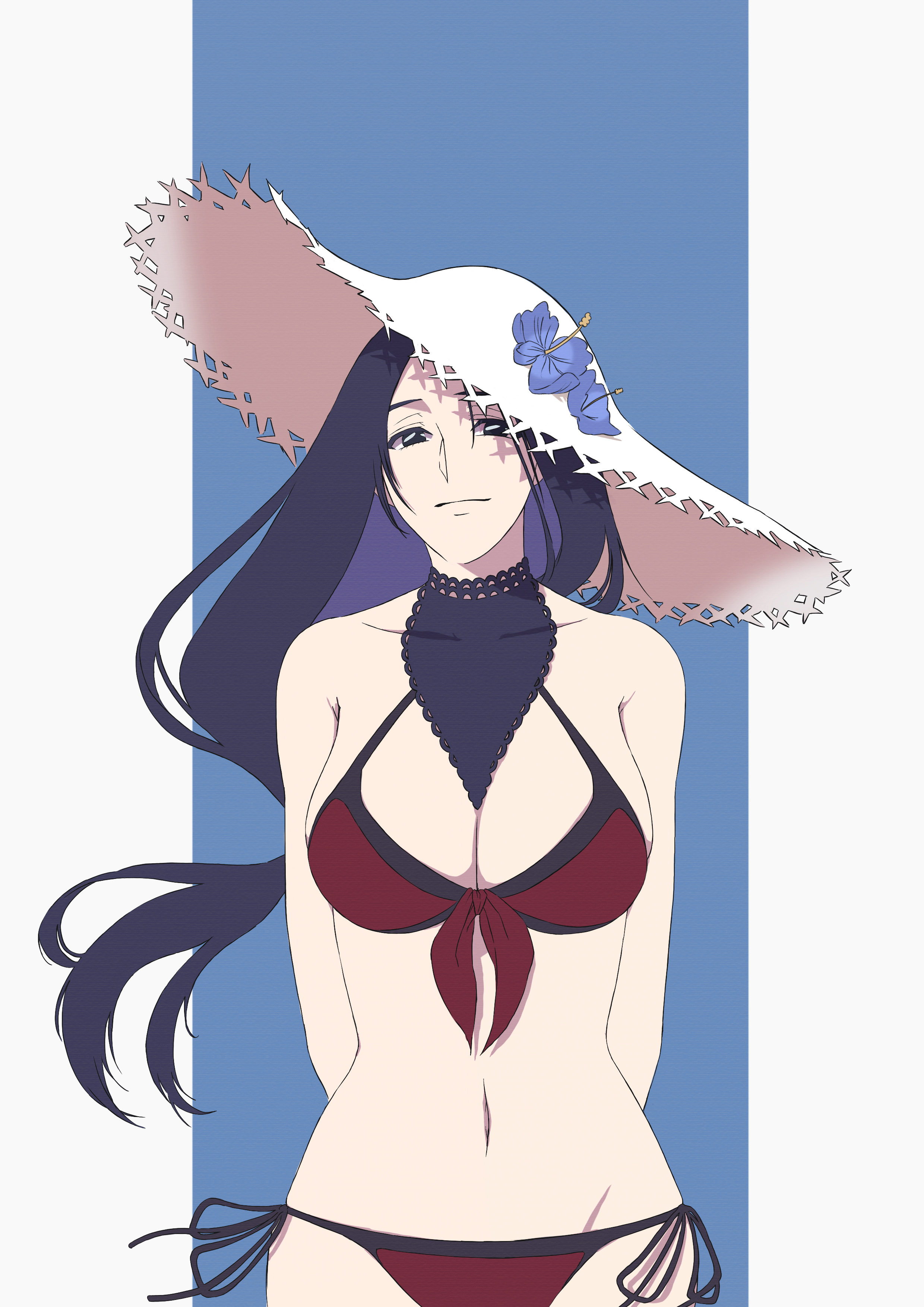 anno im, unohana retsu, bleach, bleach: brave souls, absurdres, commentary request, highres, 1girl, arms behind back, bikini, black eyes, black hair, breasts, cleavage, hat, large breasts, long hair, navel, red bikini, side-tie bikini bottom, solo, sun hat, swimsuit, tilted headwear, upper body, white hat