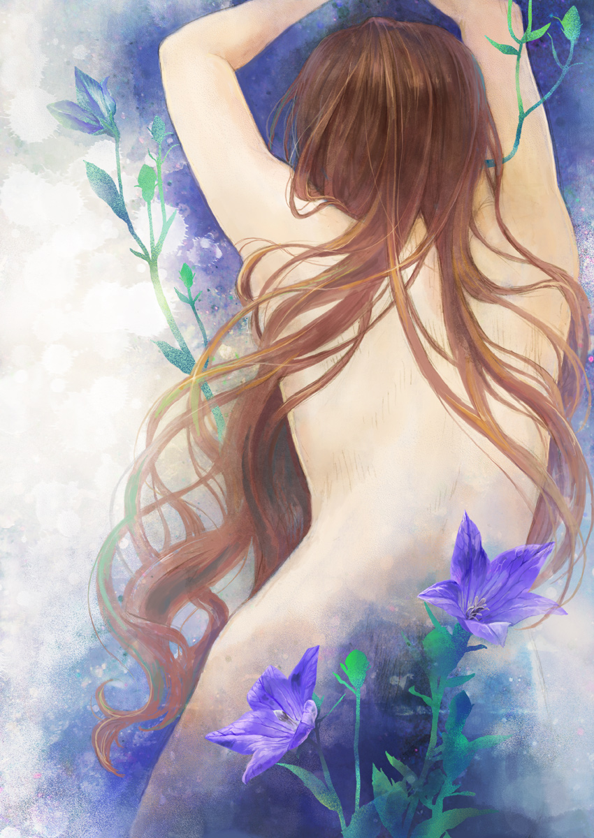 degrees celsius, bad id, bad pixiv id, highres, 1girl, back, brown hair, female focus, flower, long hair, nude, solo