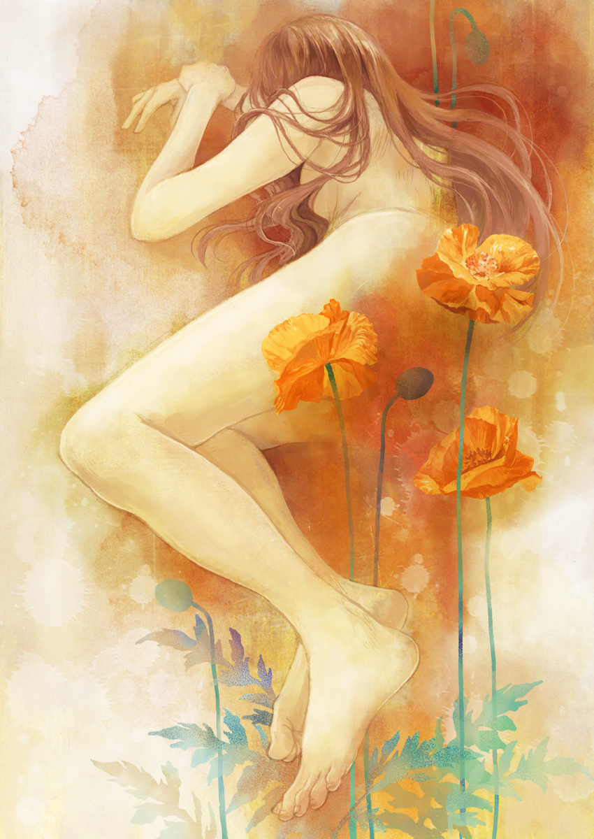 degrees celsius, bad id, bad pixiv id, highres, 1girl, barefoot, breasts, brown hair, feet, female focus, flower, long hair, lying, nude, perspective, solo