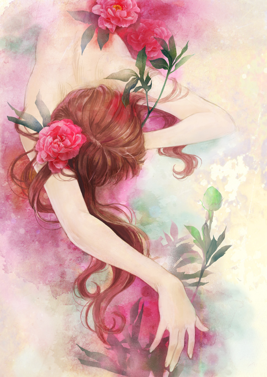 degrees celsius, bad id, bad pixiv id, highres, 1girl, brown hair, female focus, flower, hair flower, hair ornament, long hair, lying, nude, solo