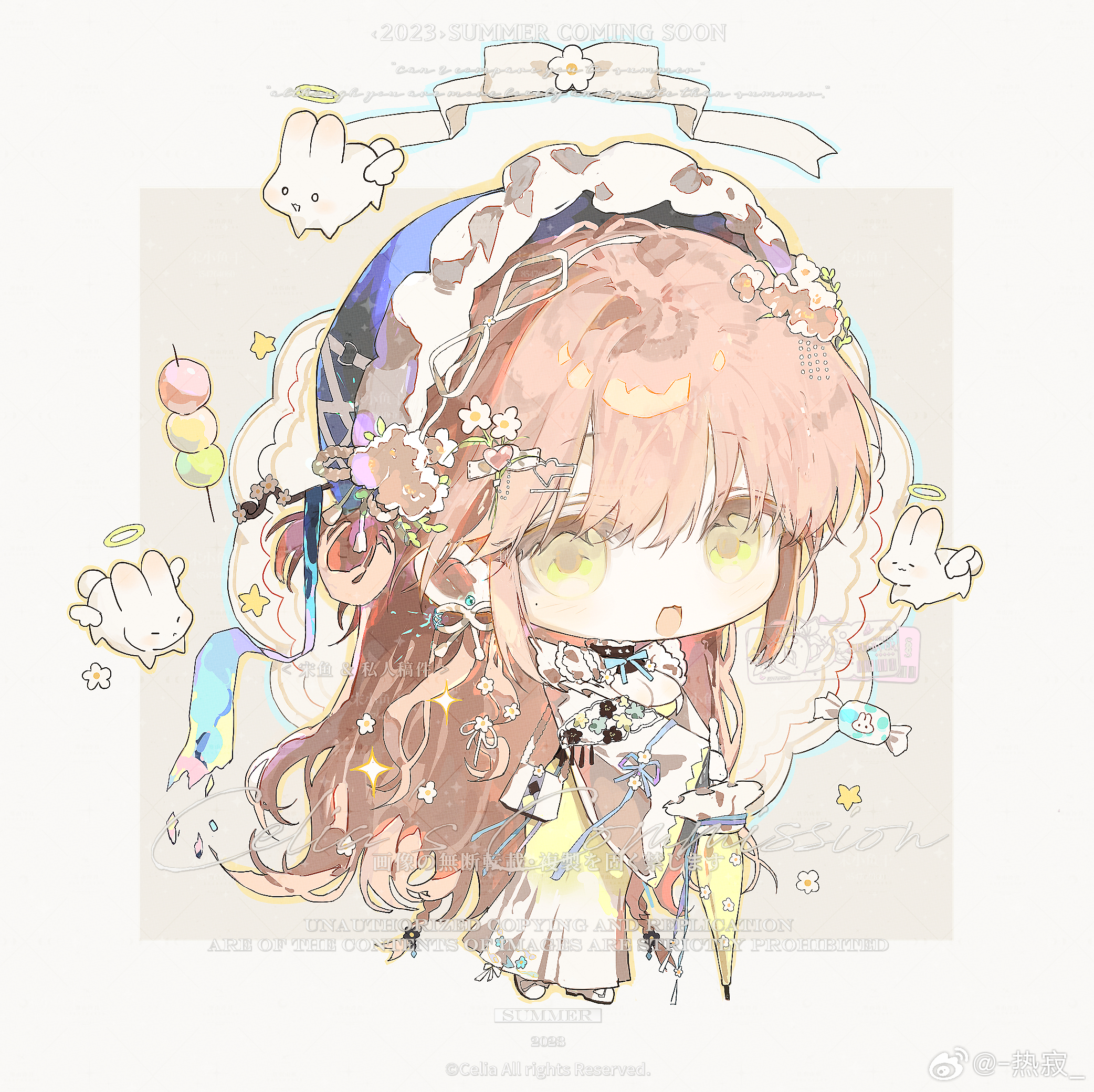 reji (weibo 6496333450), bad link, highres, 1girl, chibi, dress, flower, hair ornament, holding, long hair, looking at viewer, open mouth, solo, umbrella, white dress
