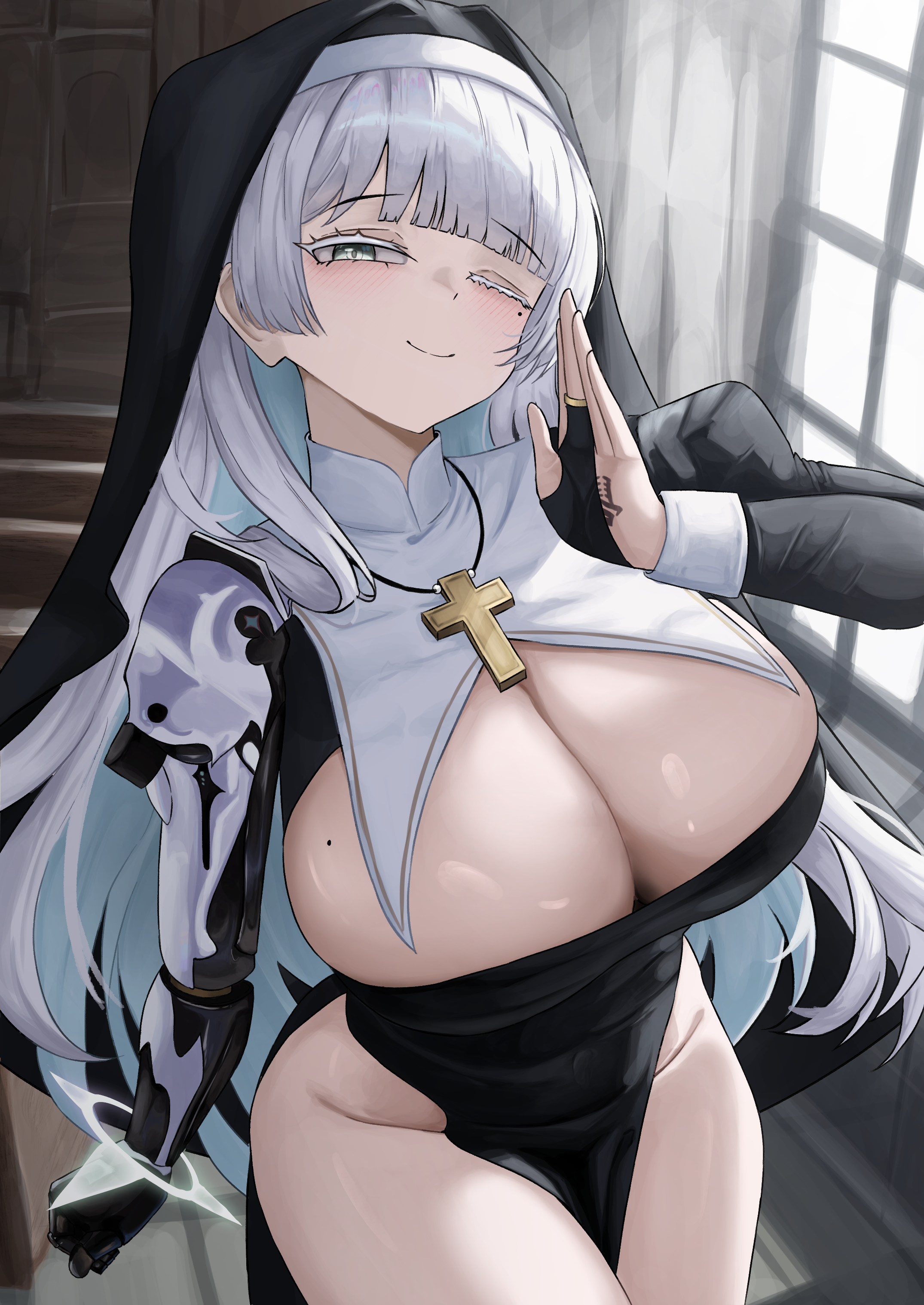 small chair (xiaosaiyi33818), nayuta (nikke), goddess of victory: nikke, absurdres, commentary, english commentary, highres, 1girl, ;), alternate breast size (larger), alternate costume, black dress, black veil, breasts, bridal gauntlets, cleavage, colored eyelashes, cross, cross necklace, dress, grey eyes, huge breasts, indoors, jewelry, long hair, looking at viewer, mole, mole under eye, necklace, nun, one eye closed, pelvic curtain, prosthesis, prosthetic arm, smile, solo, thighs, veil, very long hair, white eyelashes, white hair