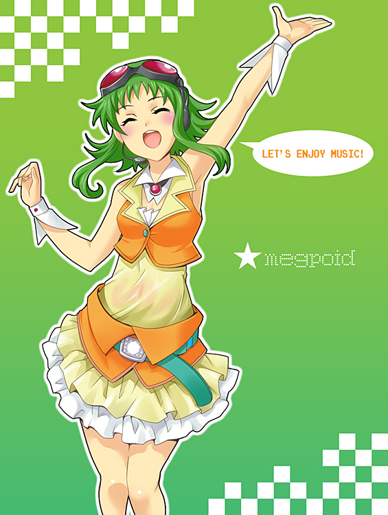 ism, ism (inc), gumi, vocaloid, 1girl, closed eyes, female focus, goggles, green eyes, green hair, headphones, headset, matching hair/eyes, midriff, see-through clothes, short hair, solo, wrist cuffs