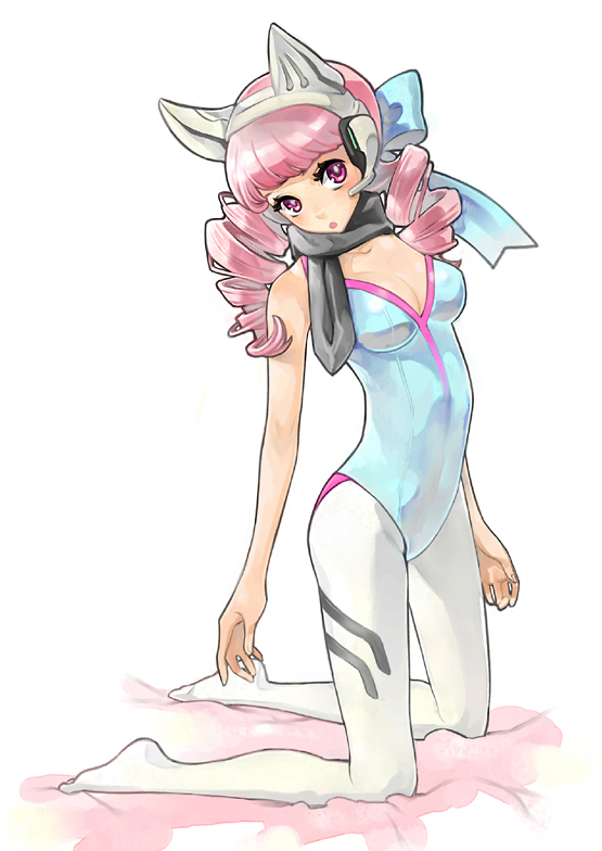 hitowa, original, 1girl, animal ears, cat ears, drill hair, female focus, kneeling, leotard, pantyhose, pink eyes, pink hair, scarf, simple background, solo, twin drills, twintails, white pantyhose